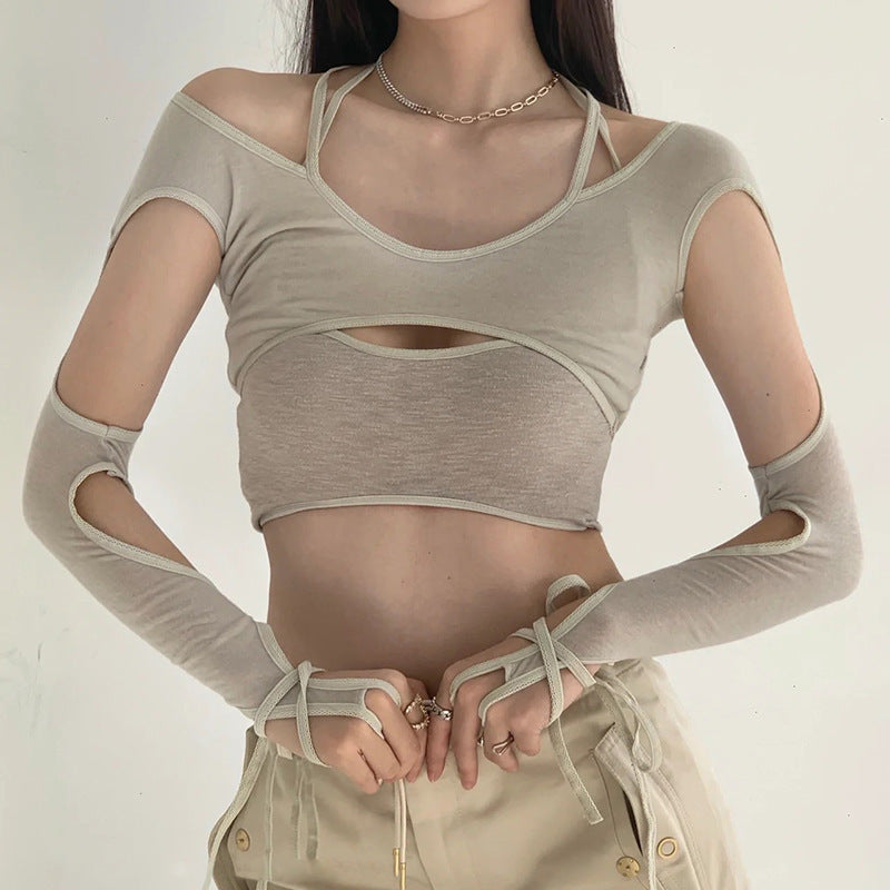 Hollow-out Faux Two-piece High-waisted Cropped Top