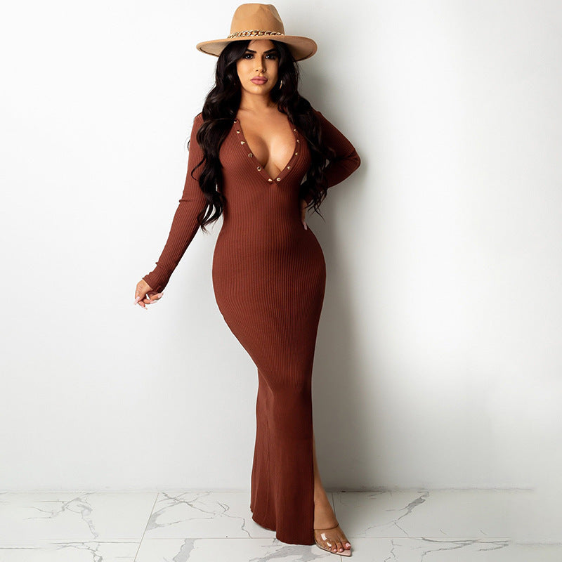 Women's Lapel Open Back Long Sleeve Slit Midi Dress