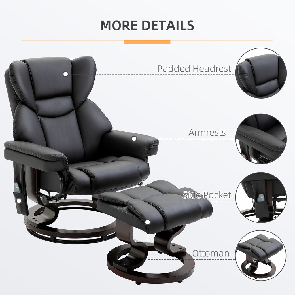 Massage Recliner Chair with Ottoman Footrest, 10 Vibration Points, 360° Swivel Reclining Chair, Faux Leather Living Room Chair with Side Pocket and Remote Control, Black