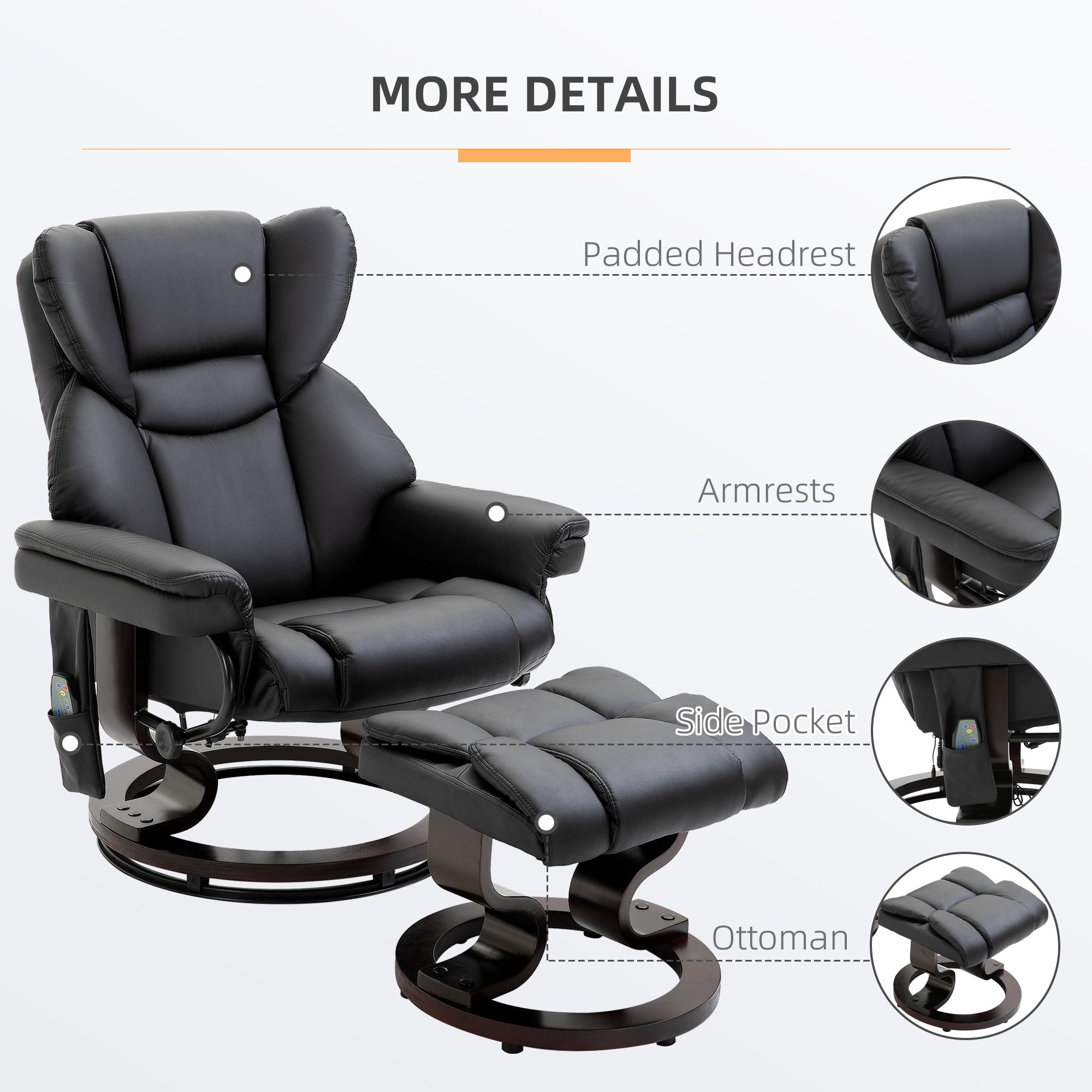 Massage Recliner Chair with Ottoman Footrest, 10 Vibration Points, 360° Swivel Reclining Chair, Faux Leather Living Room Chair with Side Pocket and Remote Control, Black