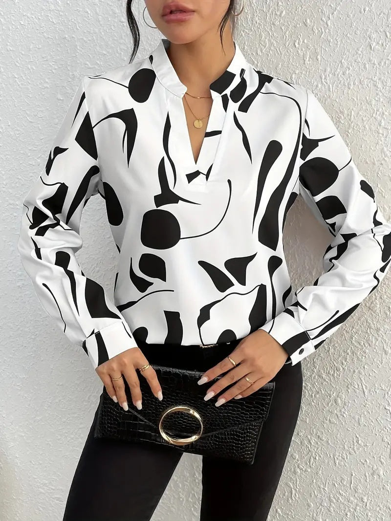 Women's Printed Notched Collar Shirt Long Sleeve