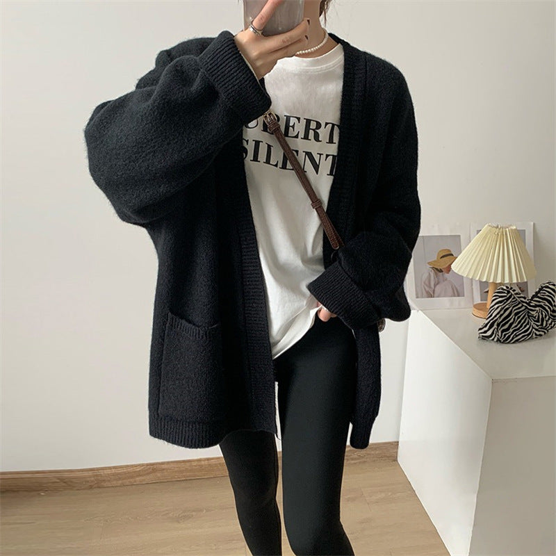 Female Solid Color Idle Style V-neck Knitted Cardigan Top