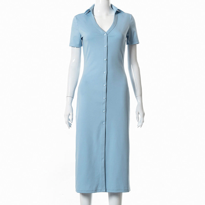 Casual Short-sleeved Pure Color Temperament Single-breasted Slim Dress