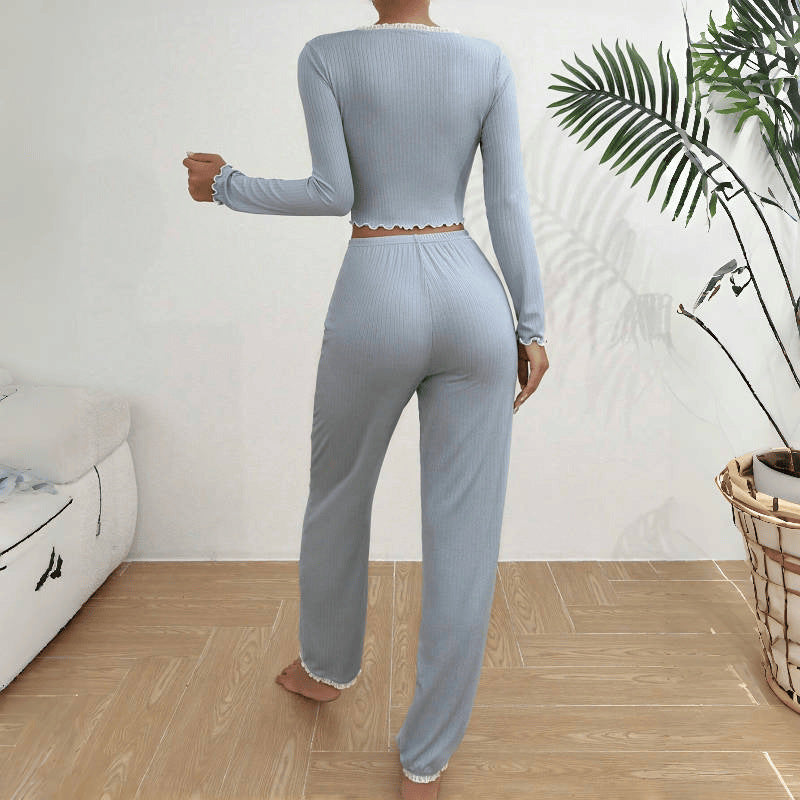 Home Wear Pajamas Long-sleeved Trousers Slim Fit Sexy Lace Pairs Long Pajama Set