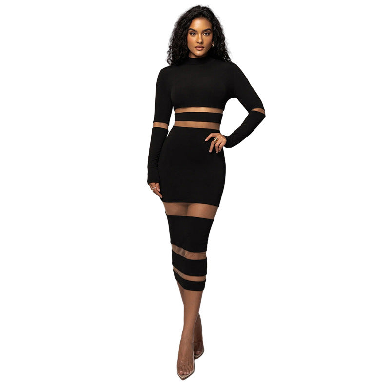Mesh Patchwork Turtleneck High Waist Slim Long Dress