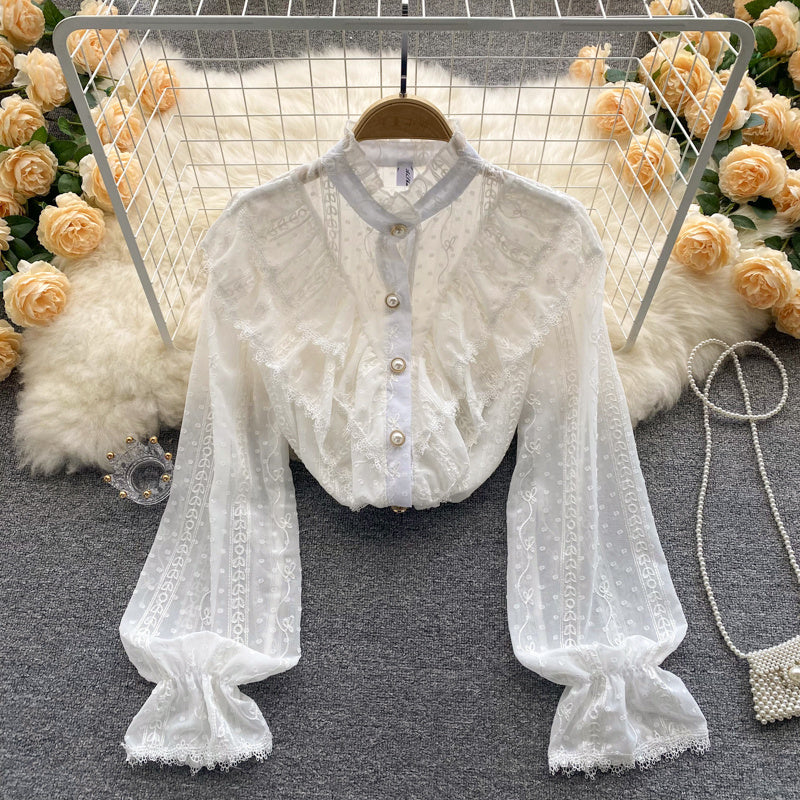 Women's Stand Collar Ruffle Lace Long Sleeve Shirt