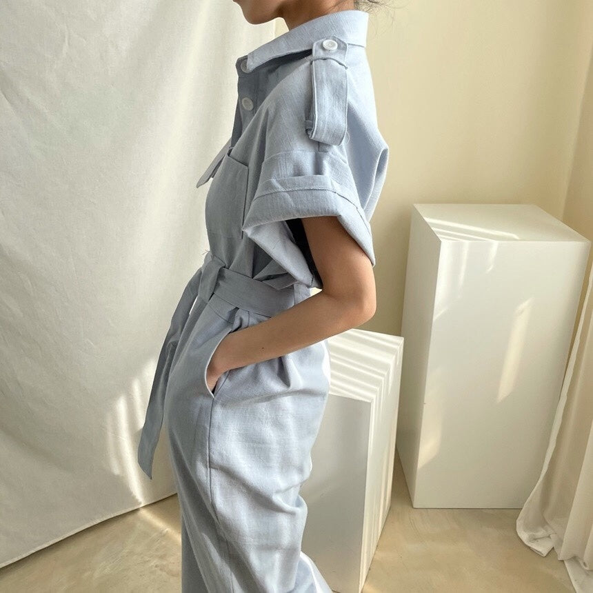 Temperament Lapel Single Breasted Lace Up Waist Multi Pocket Tooling Wide Leg Jumpsuit