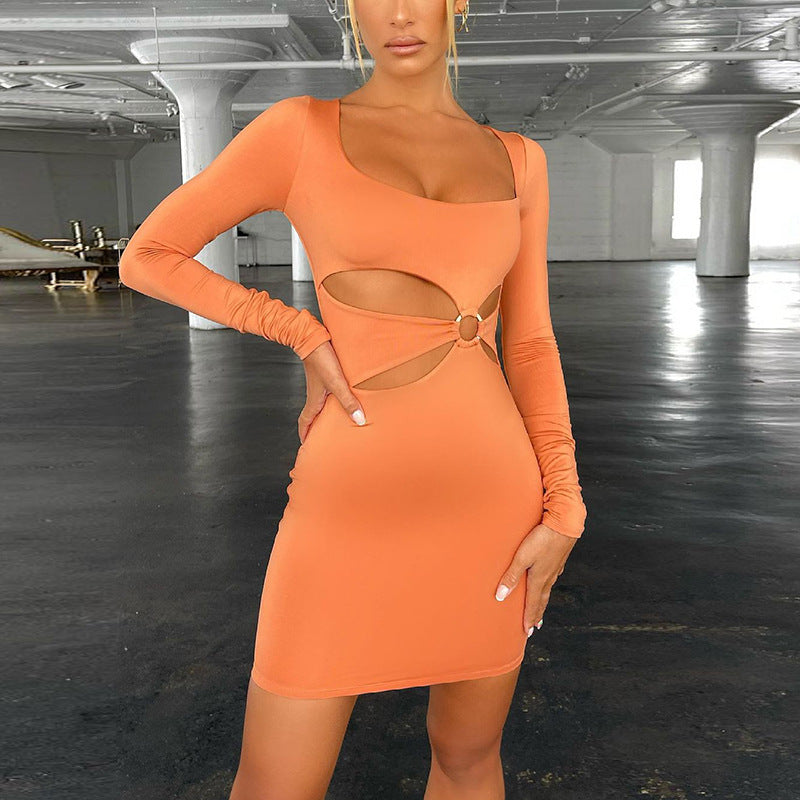 New U-neck Hollow Long Sleeve Dress Short Skirt