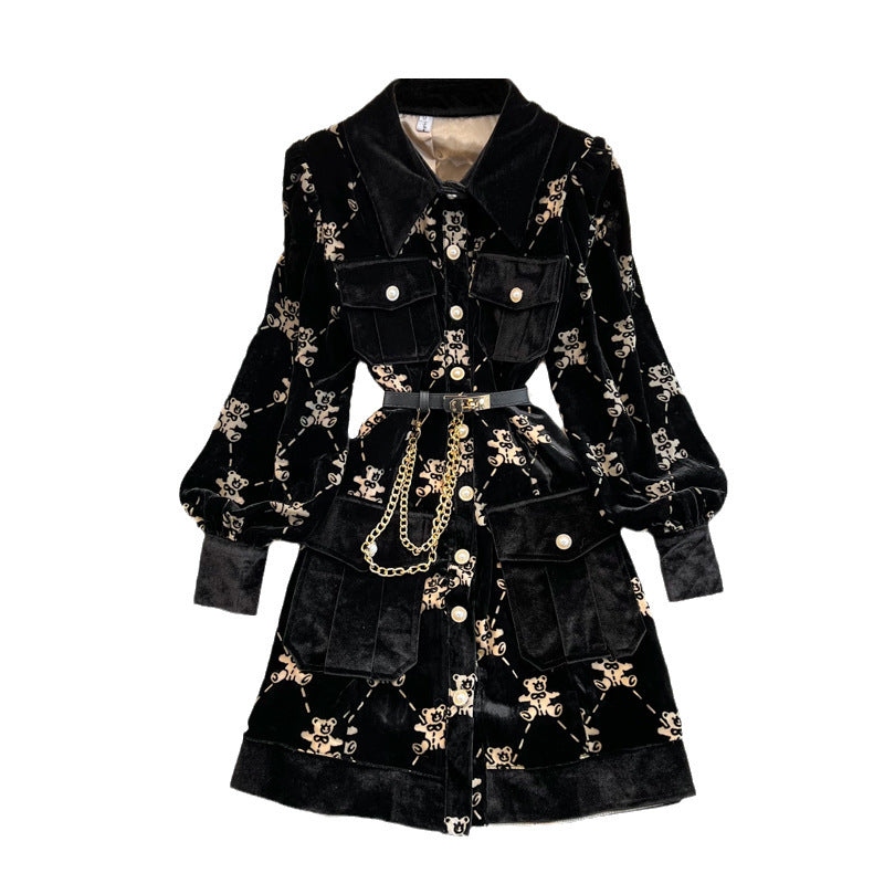 Single Breasted Lapel Gold Velvet Dress