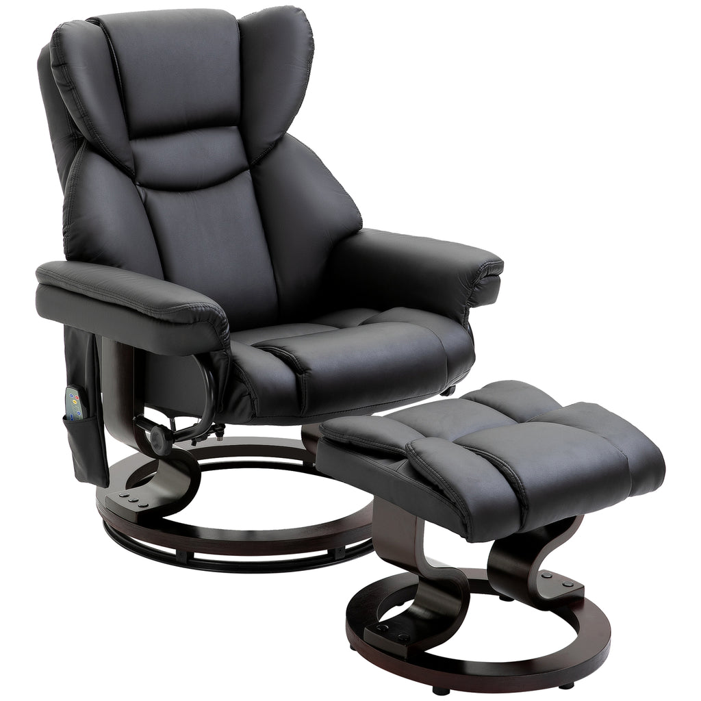 Massage Recliner Chair with Ottoman Footrest, 10 Vibration Points, 360° Swivel Reclining Chair, Faux Leather Living Room Chair with Side Pocket and Remote Control, Black