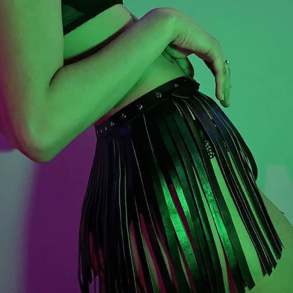 Women's Black Leather Belt Fringe Skirt