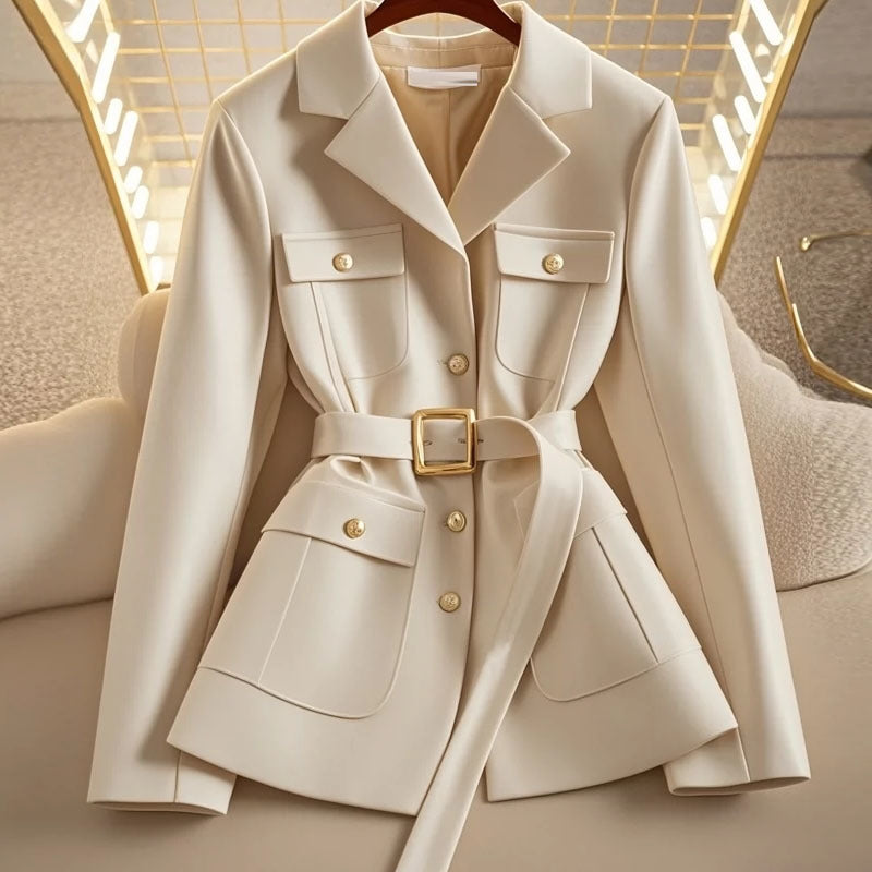 Women's Black Suit Waist Trimming Coat Short