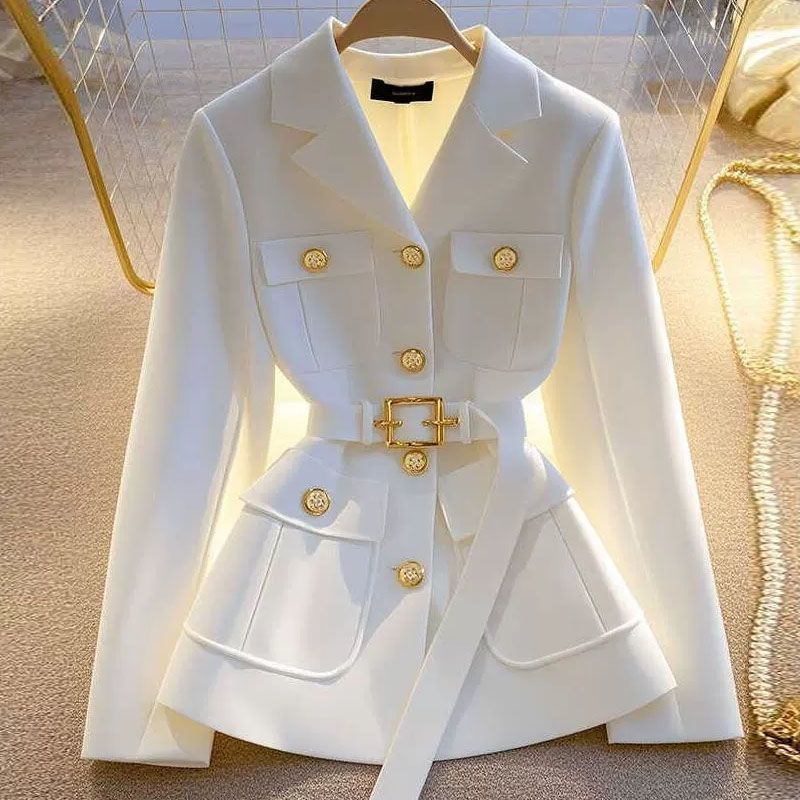 Women's Black Suit Waist Trimming Coat Short