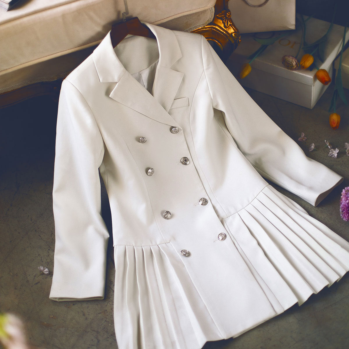 Women's Temperament Double-breasted Slim Suit Lapel Pleated Skirt