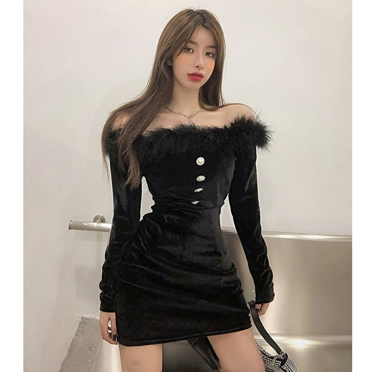 Long-sleeved Slim-fit Hip-bottomed Gold Velvet Dress