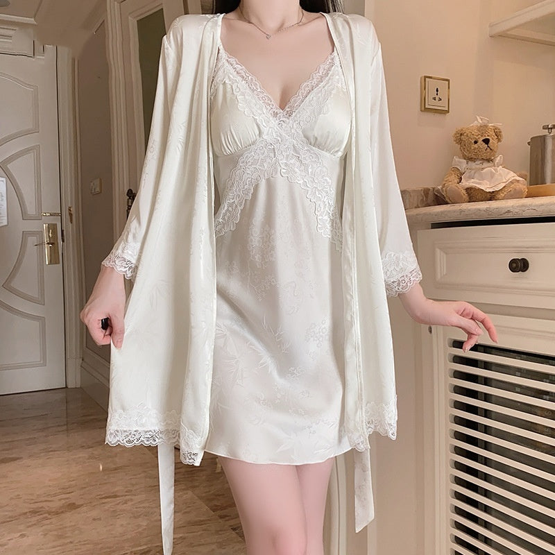 Deep V Push Up And Chest Pad Nightdress Lace-up Outerwear Gown