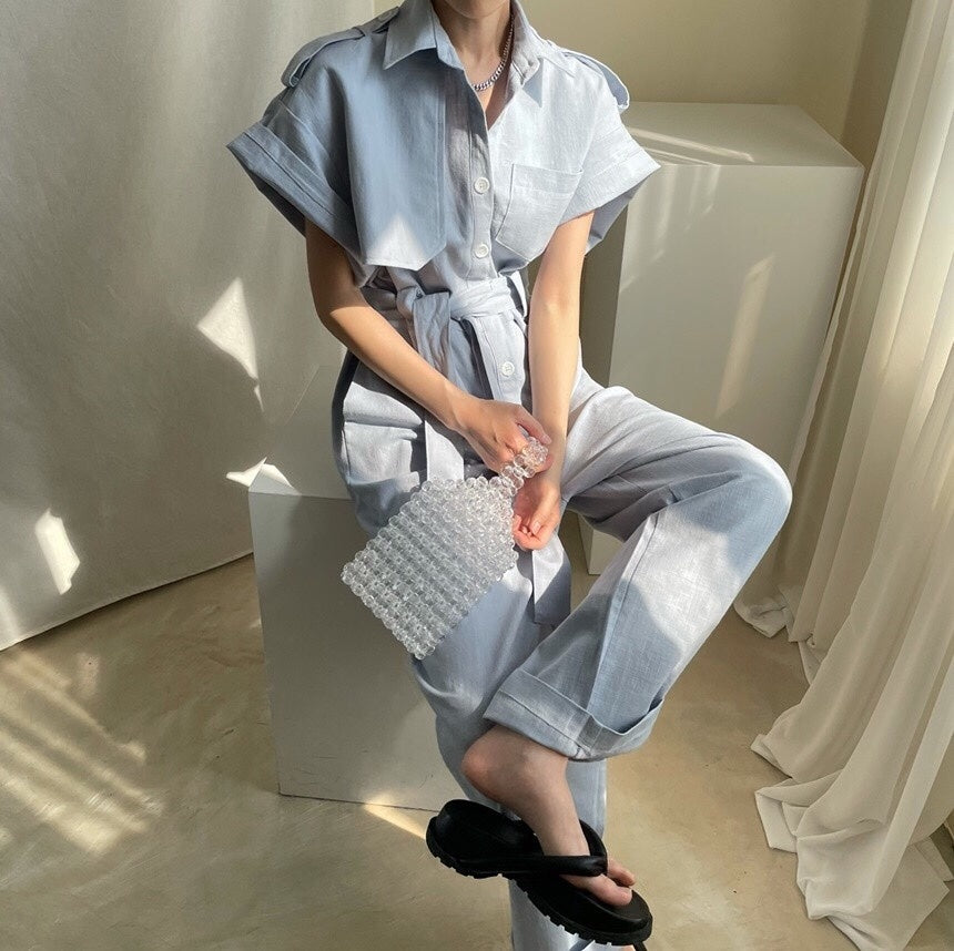 Temperament Lapel Single Breasted Lace Up Waist Multi Pocket Tooling Wide Leg Jumpsuit