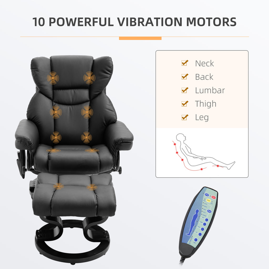 Massage Recliner Chair with Ottoman Footrest, 10 Vibration Points, 360° Swivel Reclining Chair, Faux Leather Living Room Chair with Side Pocket and Remote Control, Black