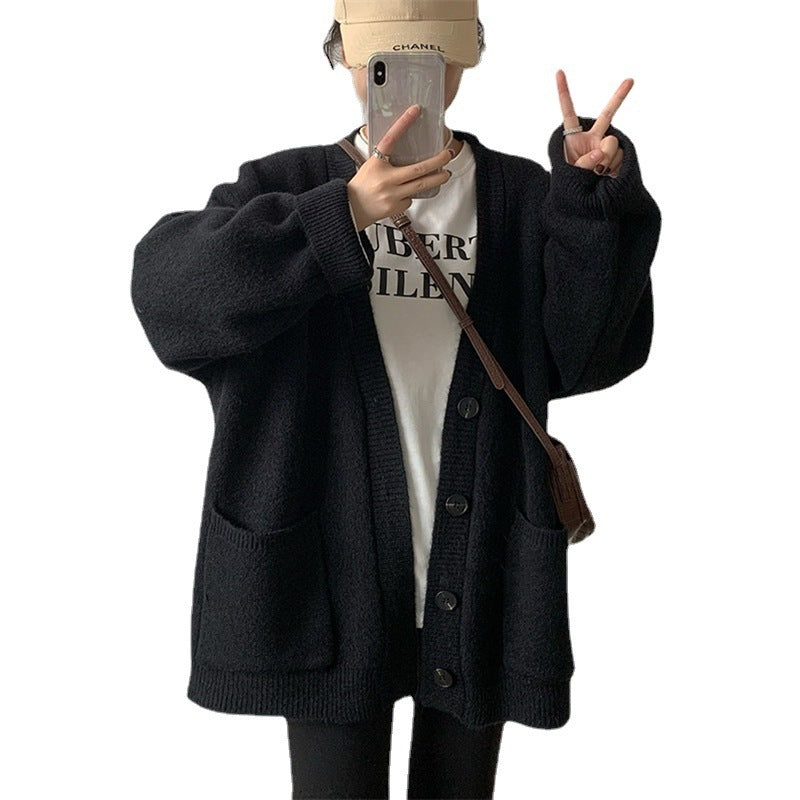 Female Solid Color Idle Style V-neck Knitted Cardigan Top