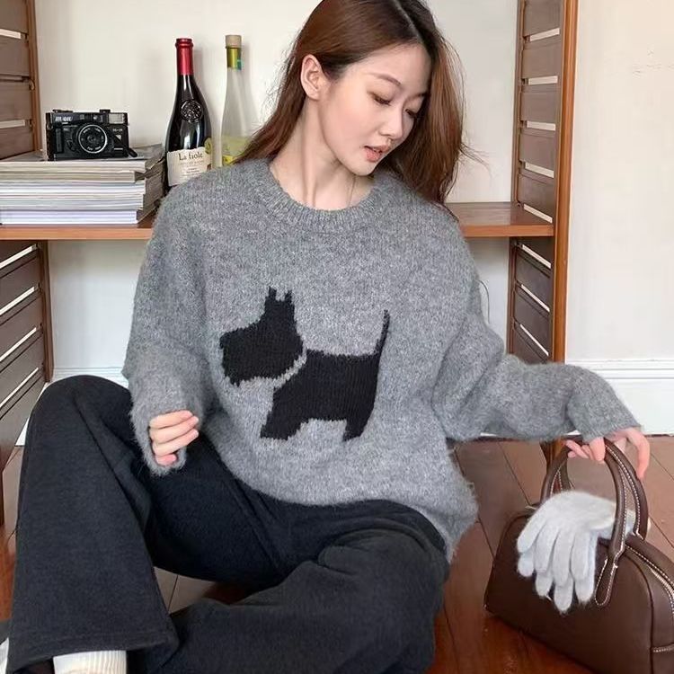 Idle Style Round Neck Loose Puppy Pattern Pullover Sweater For Women