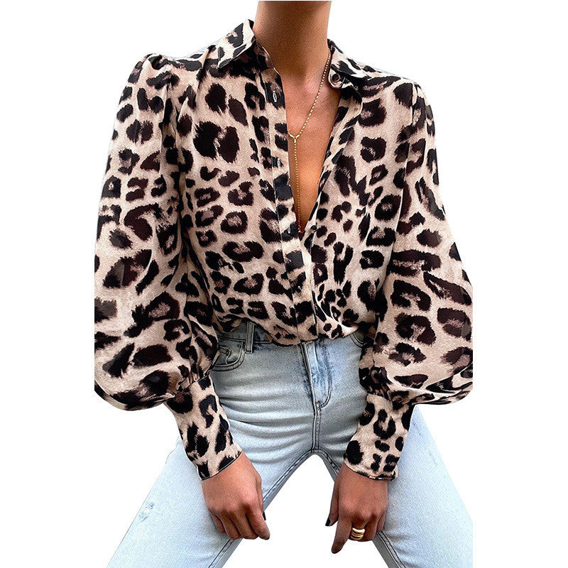 European And American Women's Leopard Print Fashion Casual Shirt Lapel Single Breasted