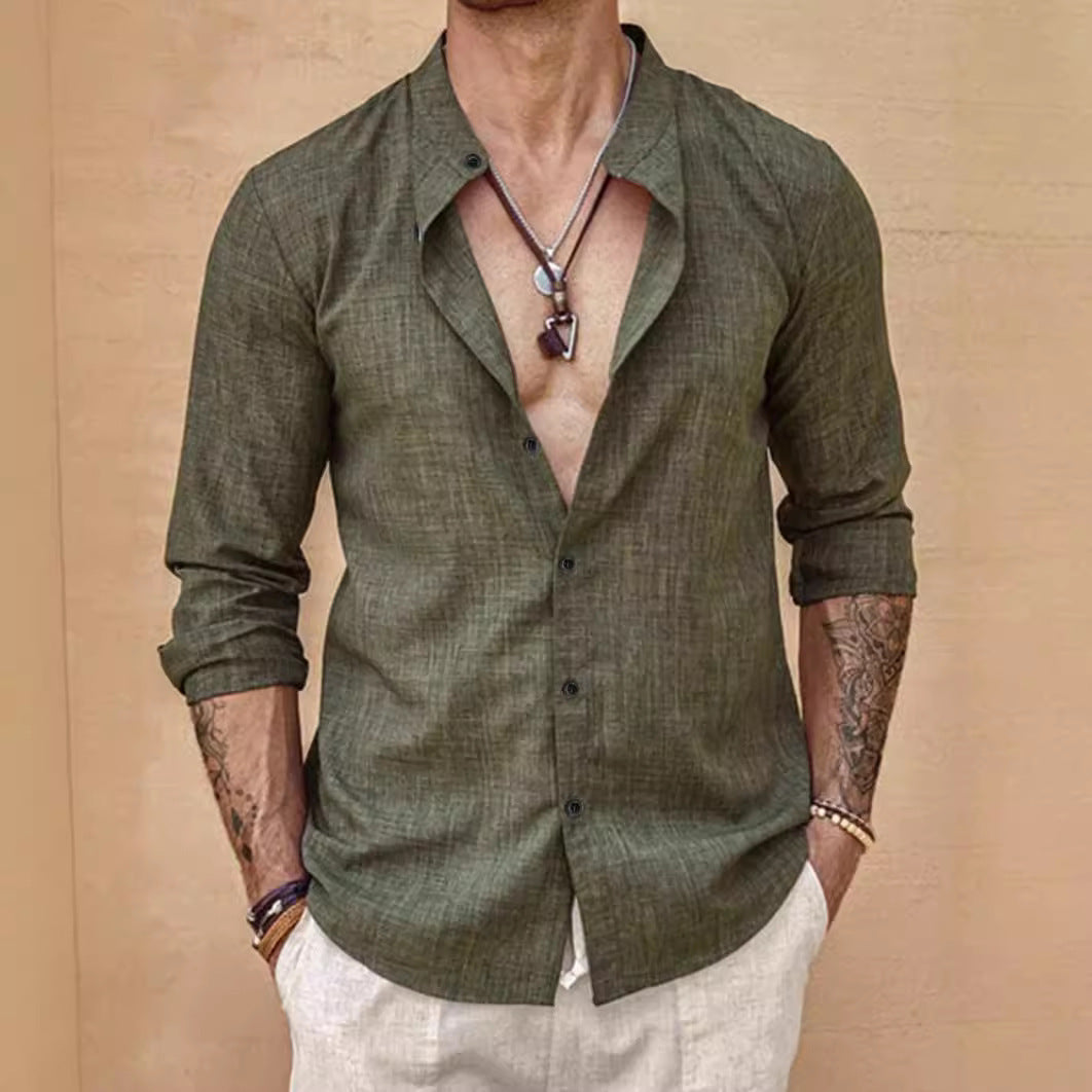 Stand Collar Long Sleeve Men's Cardigan Shirt Men's Top