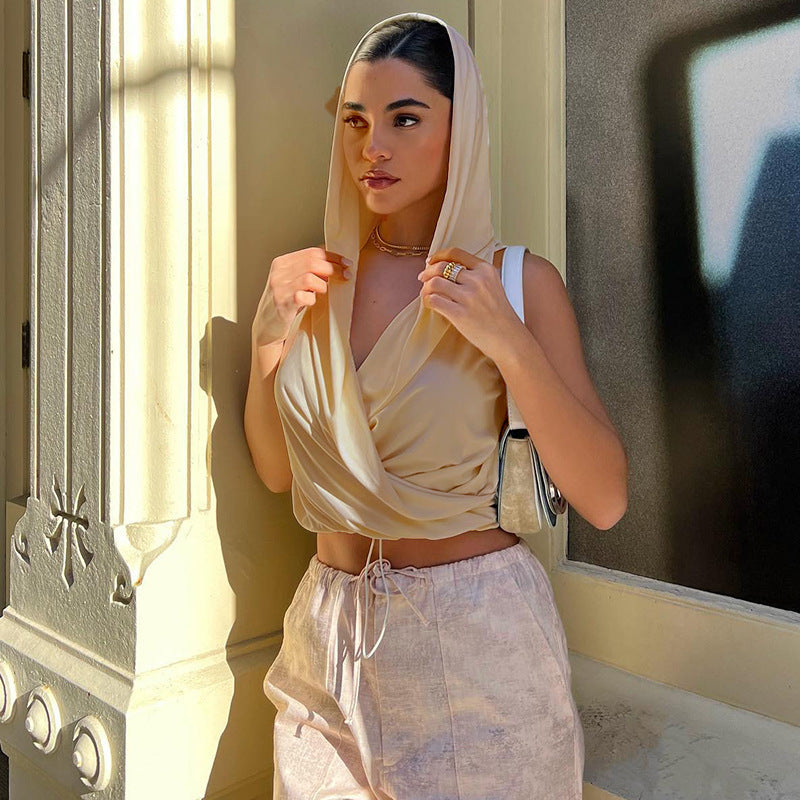 Sleeveless Hooded Drawstring Deep V-neck Slim-fit Top