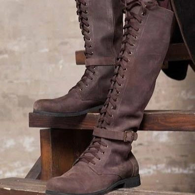 Long Boots Female High Tube Lace-up Low Heel