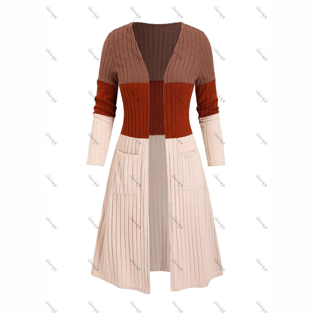 Womens Plus-Size Fashionable Casual Contrasting Color Long-Sleeve Cardigan Long Coat