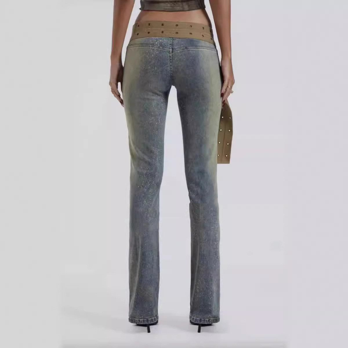 Canvas Thick Belt Decorative Low Waist Leg Trimming Denim Trousers For Women