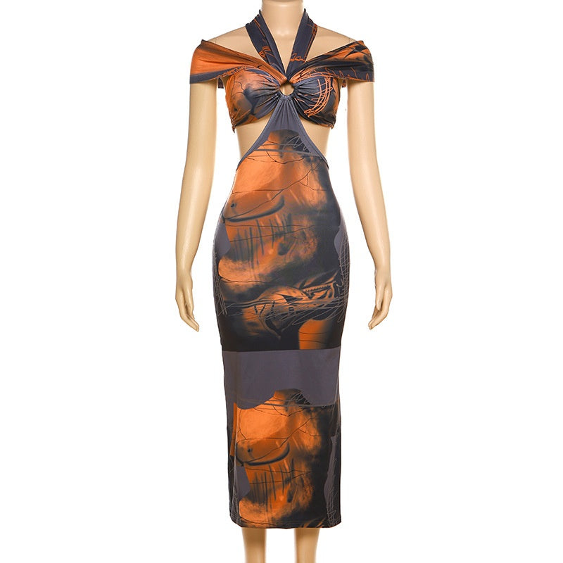 Women's Sexy Hanging Neck Open Back Printed Dress