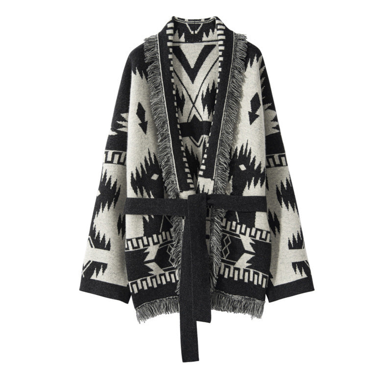 Women's Vintage Jacquard Tassel Cardigan Jacket