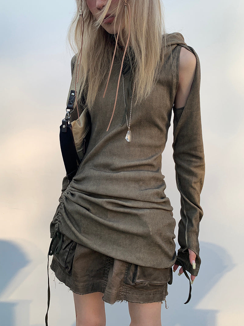 Hooded Fried Open-Back Side Drawstring Dress