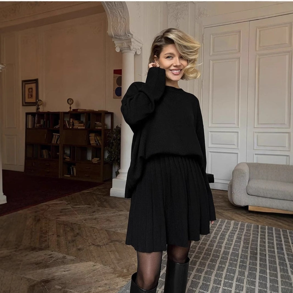 Solid Color Round Neck Sweater Pleated Skirt Suit Fashion Skirt