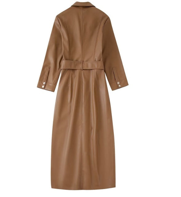 Women's Lapel Single-breasted Khaki PU Dress