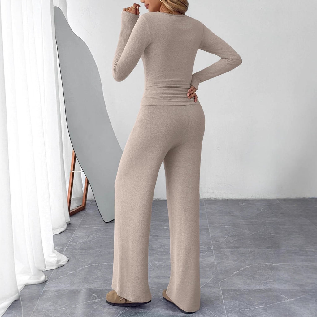 Two-piece Set Women's Long-sleeve Blouse Wide Leg Pants Fashion Casual Set