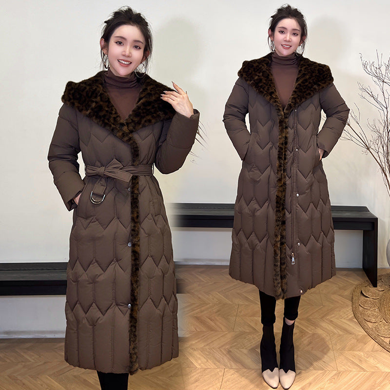Stitching Overknee Long Slim-fit Belt Elegant Cotton-padded Jacket
