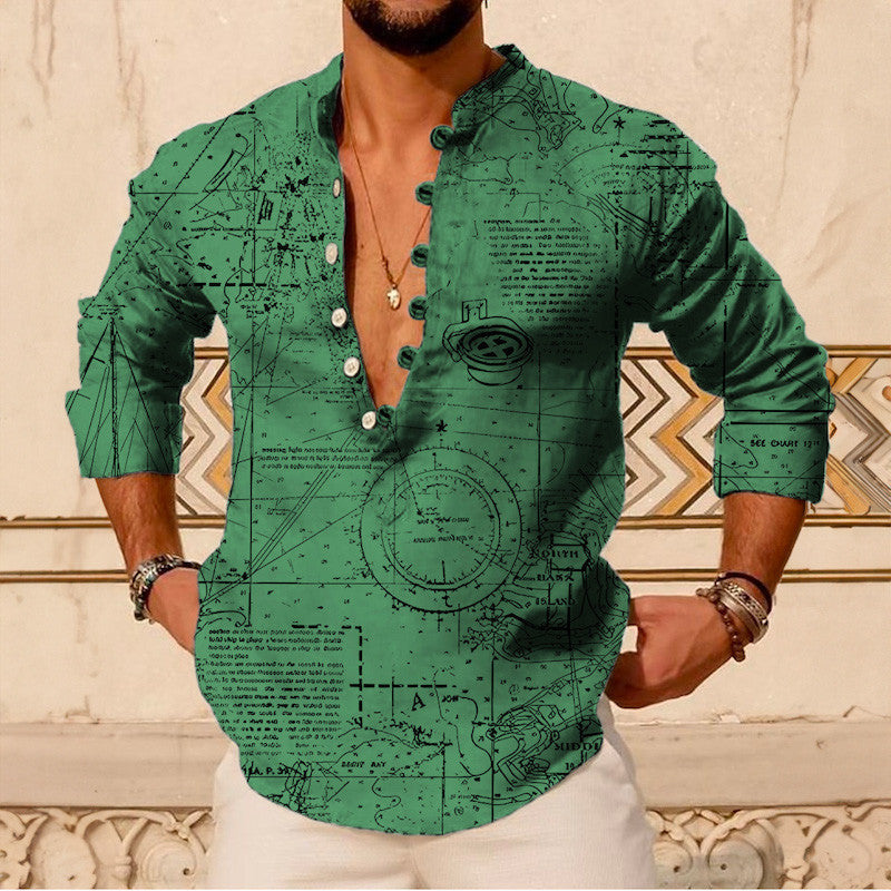 Young Casual Thin Printed Long Sleeve Stand Collar Men's Shirt