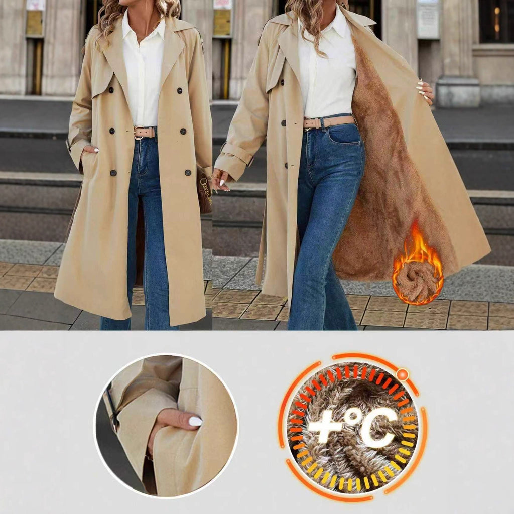 European And American Women's Clothing Double Breasted Belt Fleece Trench Coat Coat