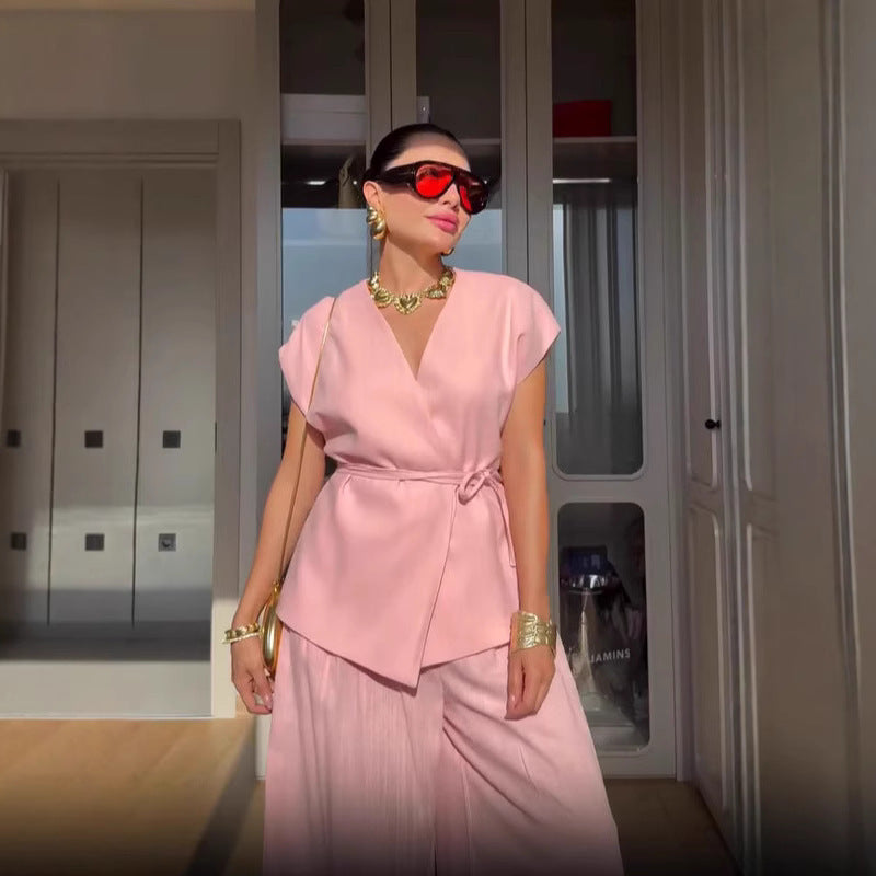 Elegant Solid Color Vest Lace-up Waist-controlled Top Trousers