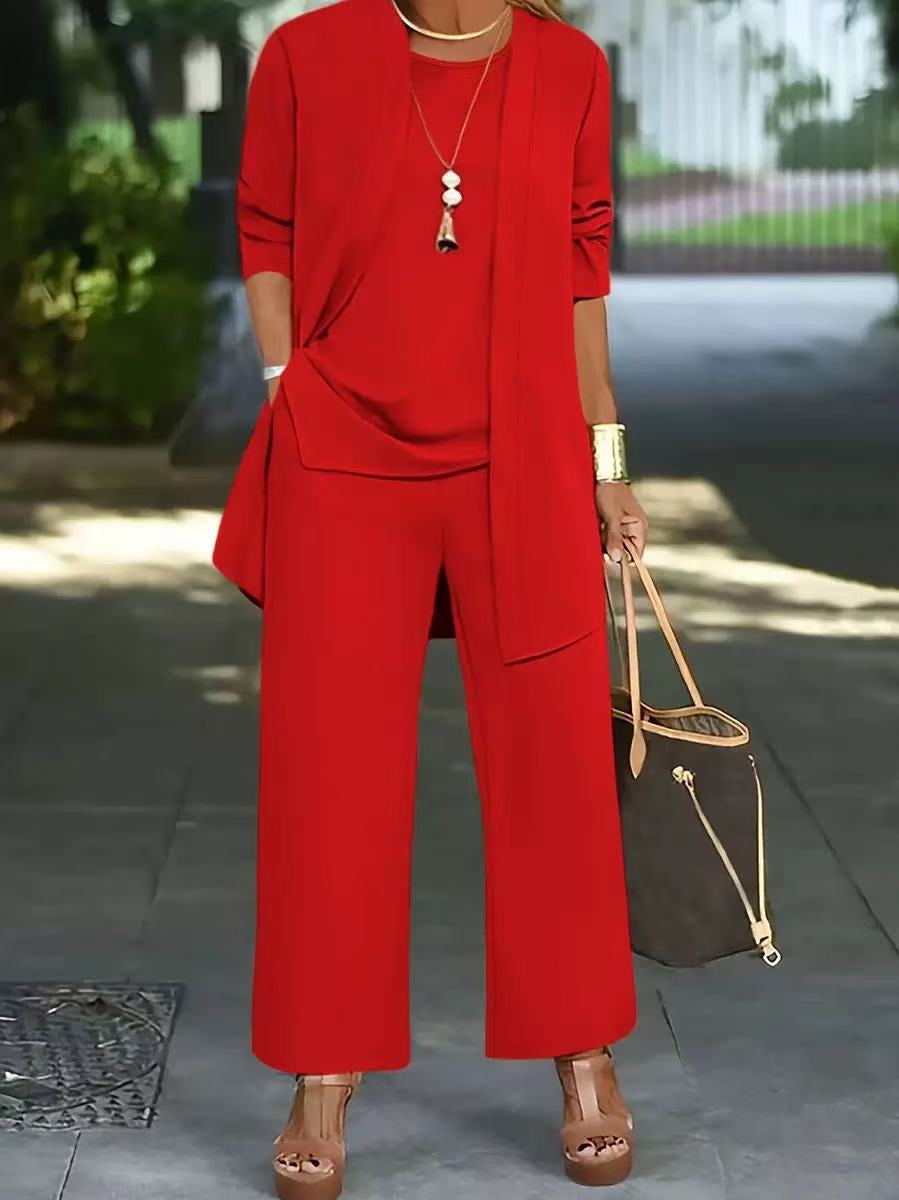 Pure Color Split Round Neck Sleeveless Vest Top Long Sleeve Cardigan Jacket Wide Leg Pants Suit