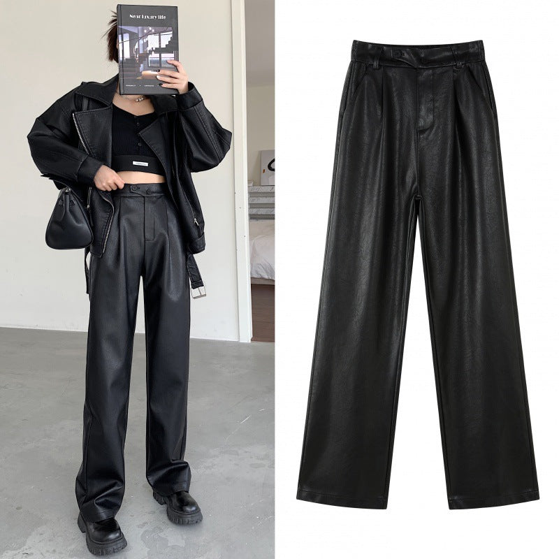 PU Washed Leather Pants Casual Straight Small
